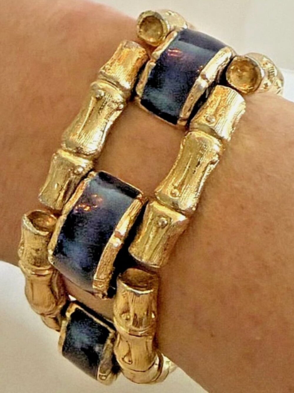 Signed Vintage David Hill Oversized Gold Tone Bamboo & Blue Enamel Link Bracelet
